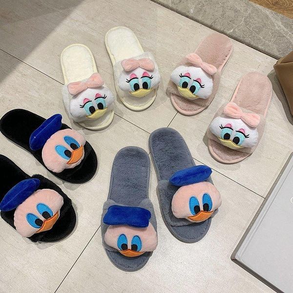 

slippers fashion winter faux fur duck animal women warm shoes woman flip flops female slides plus size, Black