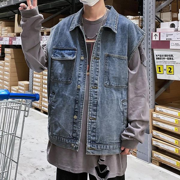 

men's vests mens waistcoats safari style denim waistcoat men multi-pocket sleeveless jacket outerwear casual cowboy male, Black;white