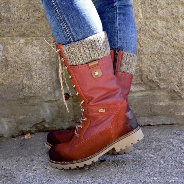 

boots women mid-calf round toe low-heeled non-slip knitted patchwork side zipper lace-up female motorcycle, Black