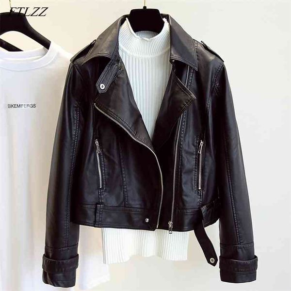 

spring autumn women faux leather short jackets slim pink pu coat female lapel motorcycles locomotive outwear 210430, Black