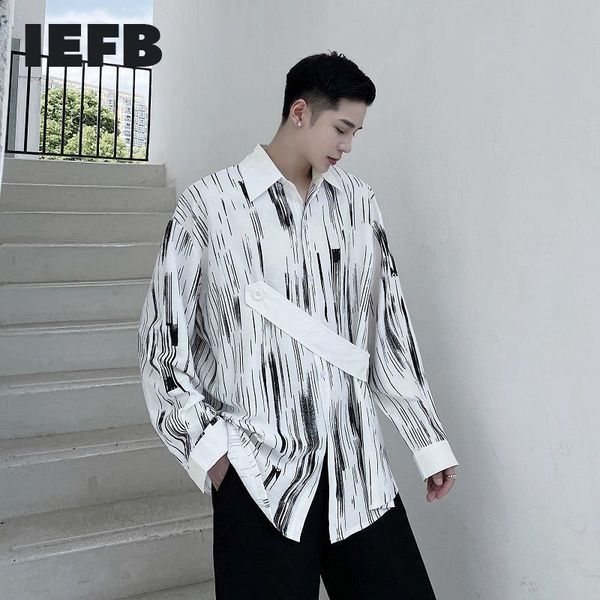 

iefb black white color block shirts for men strap design trendy printed loose long-sleeved oversize clothes 9y3279 210524, White;black