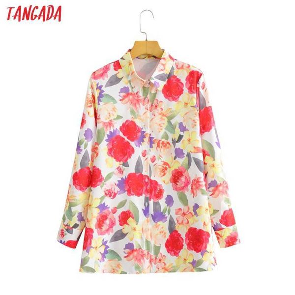 

tangada women oversized flowers print shirt long sleeve autumn chic female casual loose shirt bc55 210609, White