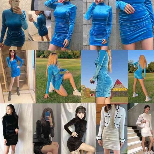 

cnyihse bodycon velvet mini dress women autumn long sleeve high neck party dresses female velvet sheath dress robes vestido, Black;gray