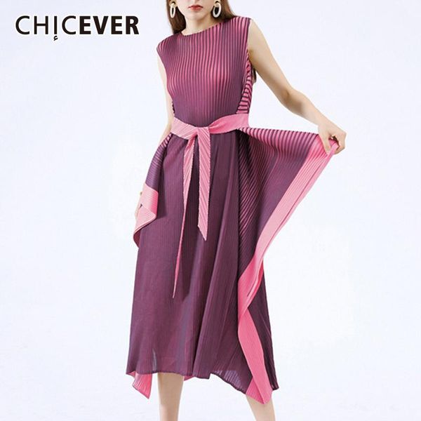 

casual dresses chicever pullover striped dress for women o neck sleeveless high waist mid irregular hit color females clothing 2021, Black;gray