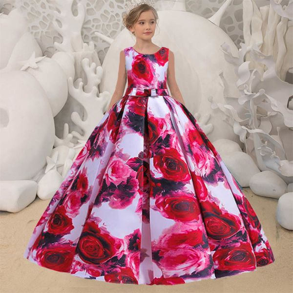 

girl's dresses teenager girl maxi kids clothes for girls children print floor princess vestido party wedding dress 10 12 years c0223, Red;yellow