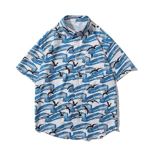 

men's short-sleeved shirt 2021 summer loose casual button cardigan creative pattern printing lapel shirts, White;black
