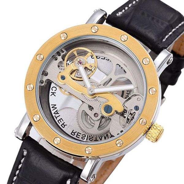 

wristwatches 2021 creative transparent watches men flywheel tourbillon automatic mechanical leather shenhua relogio masculino, Slivery;brown