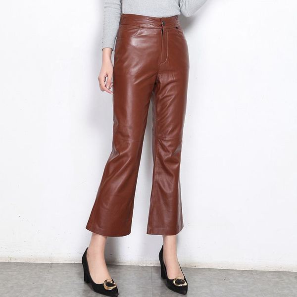 

women's pants & capris 2021 spring autumn genuine leather bell-bottomed high-rise ninth a050, Black;white