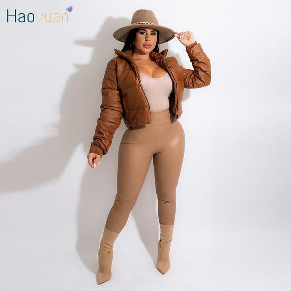 

women's down & parkas haoyuan pu leather coat winter clothes women long sleeve puffer jacket warm thicken fashion streetwear casual bla, Black