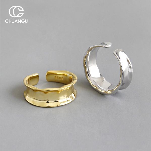 

cluster rings korean version s925 pure silver ring ins simple niche irregular concave personality gold, Golden;silver