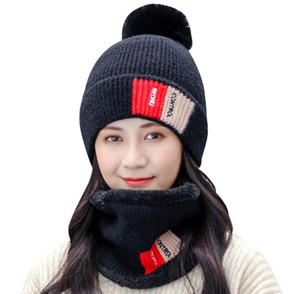 

hats, scarves & gloves sets embroidered knitted hat plush women's winter warm wool trend bib ear protection cover cycling cold, Blue;gray
