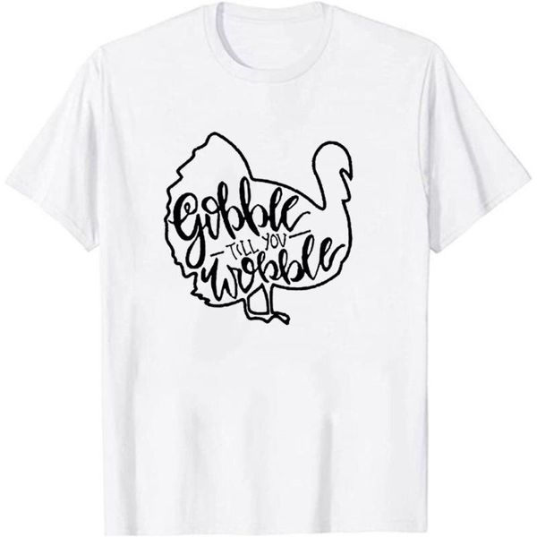 

women's t-shirt thanksgiving graphic tee gobble till you wobble letter printing men tshirts cute turkey pattern short sleeves tshirt, White