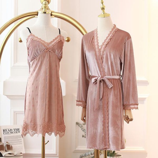 

women's sleepwear velvet set women lace trim robe kimono bath gown autumn winter nightwear nightgown loose home clothes suit, Black;red