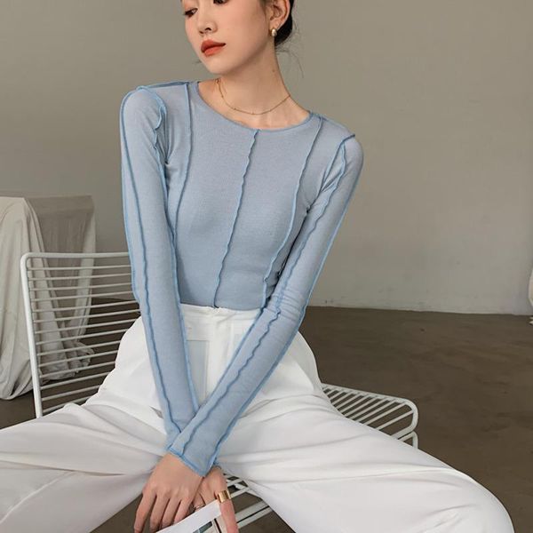 

women's t-shirt stitch crewneck long sleeve bodycon tshirt blue ladies t shirt women crew neck tee casual designer clothes c492, White