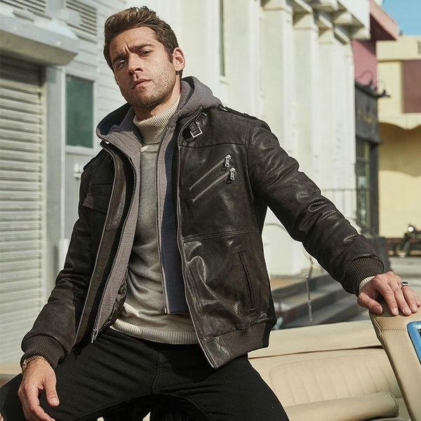 

men's leather & faux motorcycle luxury genuine jacket men vintage short hooded detachable brand fashion design zipper pigskin coat, Black