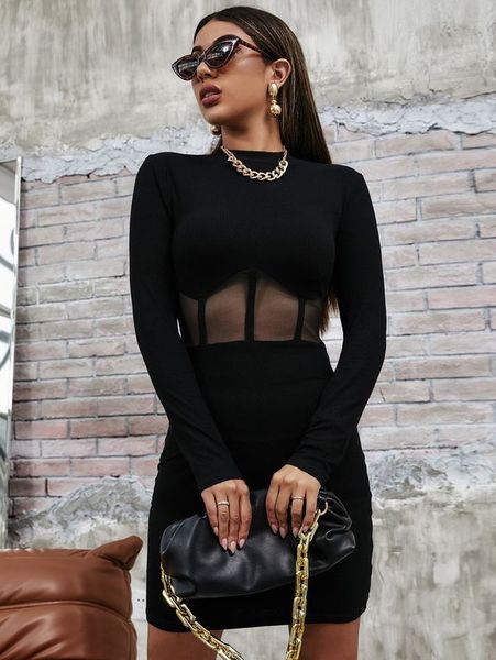 

sheer mesh insert rib-knit bodycon dress she, Black;gray