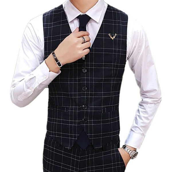 

men's vests 2021 business casual vest british lattice suit metal decoration gentleman slim style plaid waistcoat, Black;white