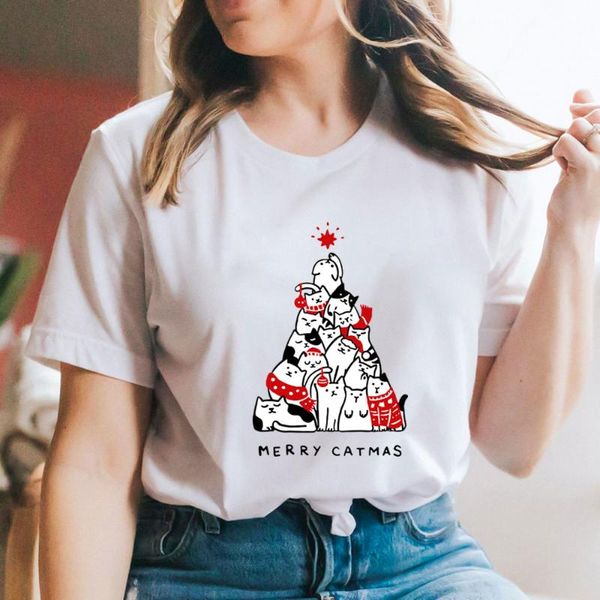 

women's t-shirt merry catmas christmas shirt arrival 100%cotton women tshirt funny autumn winter casual short sleeve year tee, White