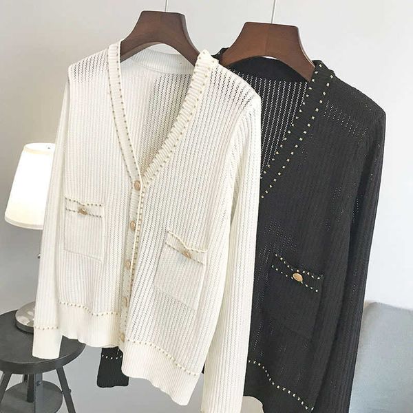 

women's sweaters black and white cardigan y1247 hollow out female t-shirt autumn with korean v neckline loose long sleeve pocket iuy8, White;black