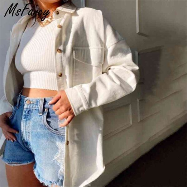 

msfancy corduroy shirt coat women white long sleeve single breasted mujer vintage jacket streetwear 210922, Black;brown