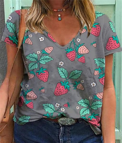 

summer ladies t-shirt strawberry print v-neck woman loose casual clothes harajuku style short sleeve tee women's, White