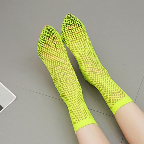 

boots neon aonibeier green snakeskin print fishnet mesh transparent high heels women ankle pointed toe pumps plus size 42, Black