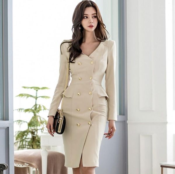 

casual dresses 2021 spring fashion women dress office lady elegant business party bodycon v-neck double-breasted sexy, Black;gray