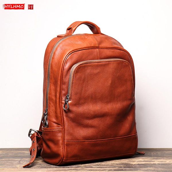 

backpack genuine leather men retro soft travel shoulder bags 15.6 inch lapbackpacks computer large capacity