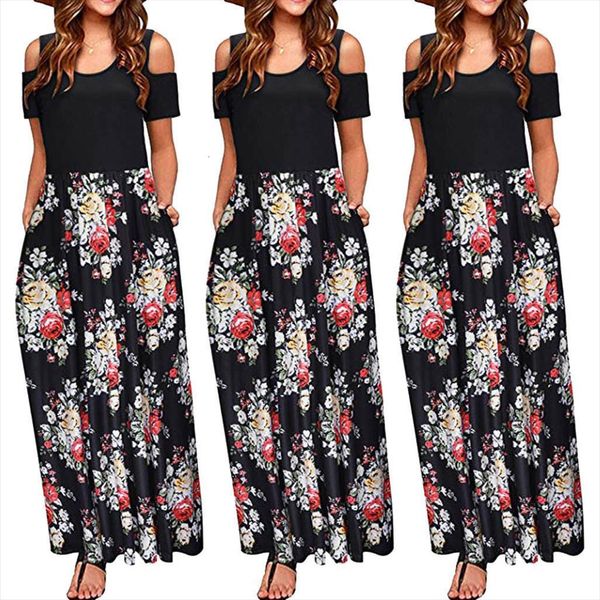 

vintage solid fashion dres floral womens dress print elegant long pocket summer casual for women party, Black;gray