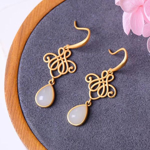 

dangle & chandelier silver inlaid natural hetian chalcedony water drop earrings chinese style retro unique ancient gold craft women's b