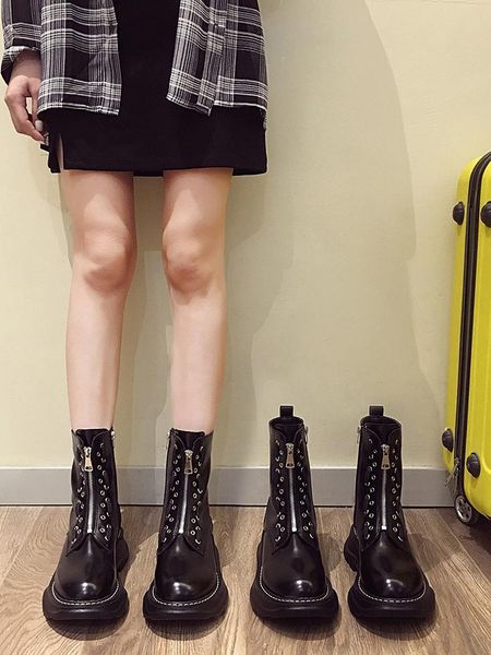 

boots middle women 2021 front zipper thick heel retro motorcycle fashion, Black