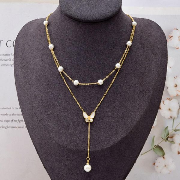 

chains fashion ladies necklace butterfly pearl titanium steel inlaid with natural shells classic luxury high-end jewelry, Silver