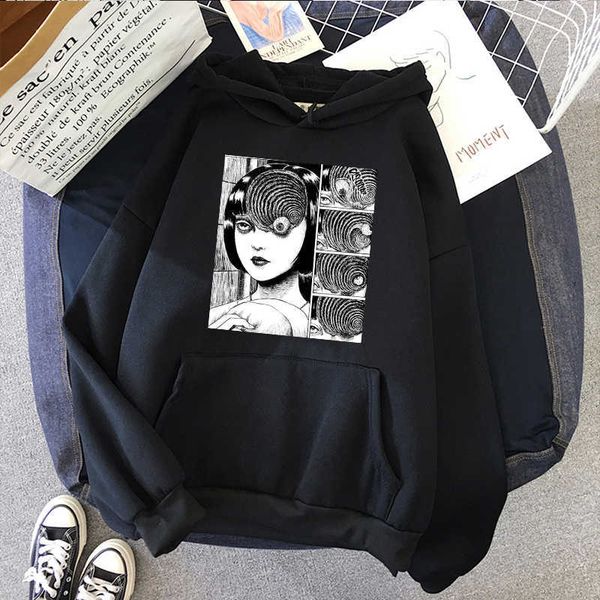 

japanese horror movie cartoon letter punk vintage plus size velvet loose fun hip hop long sleeve ins hooded sweatshirt 210608, Black