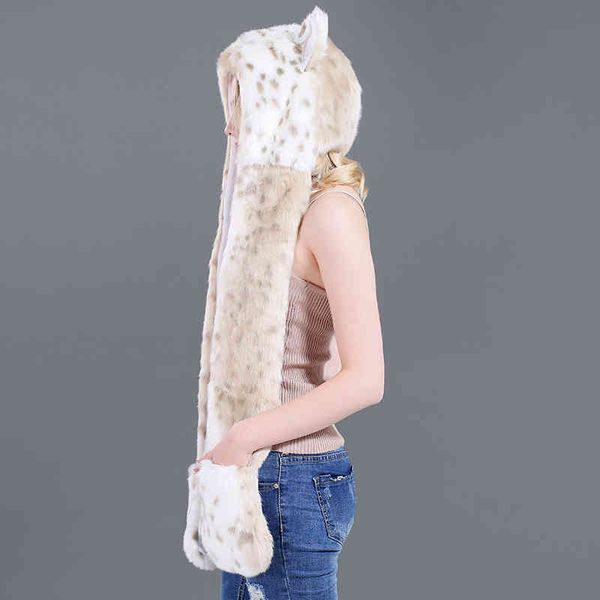 

european and american cartoon animal hat scarf gloves one 100cm imitation fur hat women 211213, Silver