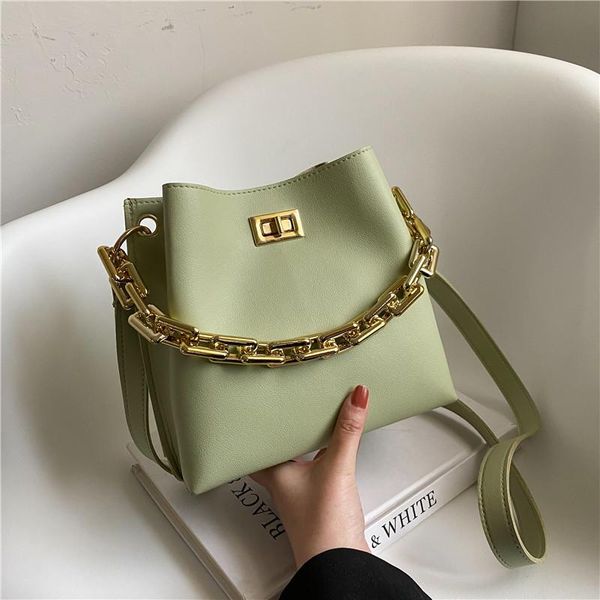 

evening bags summer retro women's leather green bucket shoulder messenger bag female white black chain shopper purses and handbag