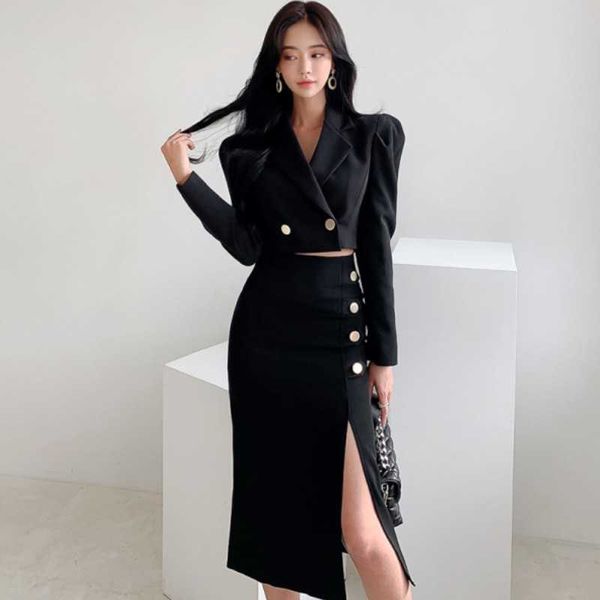 

korean spring women 2 piece set office ol elegant notched long sleeve crop high waist bodycon split midi skirt outfits 210526, White