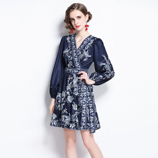 

casual dresses 2021 summer autumn fashion women vacation dark blue retro v neck long sleeve lace-up printed dress, Black;gray