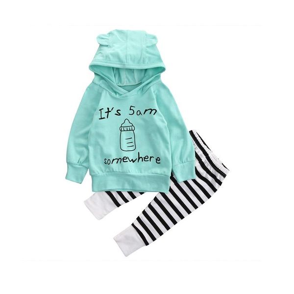 

it's 5am bottle some where printed long sleeve hoodies +striped pants 2pcs casual outfits set for born baby girls clothes clothing sets, White