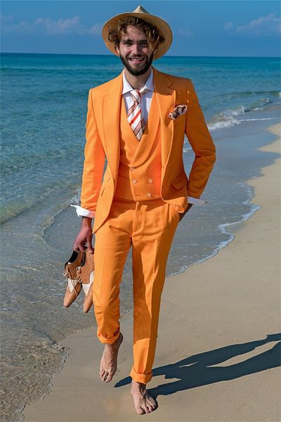 Мужские костюмы Blazers Lean Orange Business Men Blazer 3-х кусок Beach Groom Tuxedos для свадьбы формальный костюм выпускного вечера (куртка + брюки + жилет) Chic