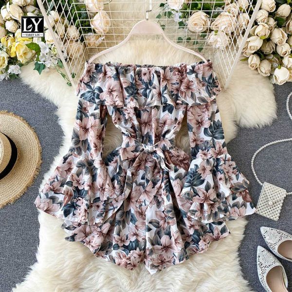 

ly varey lin autumn women chiffon print jumpsuits ruffles slash neck flare sleeve sash tie up wide leg loose playsuits 210526, Black;white