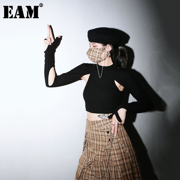 

[eam] women black hollow out cool ways wear slim personality t-shirt round neck long sleeve fashion spring summer 1u381 21512, White