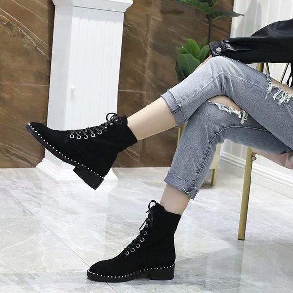 

boots suede women solid color genuine leather female boot shoes lace up flat comfortable breathable, Black