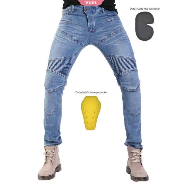 

men's jeans street motorcycle pants racing slim stretch with knee pads, Blue