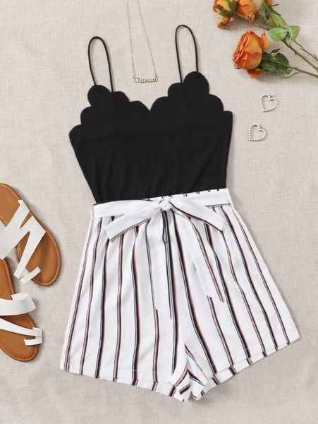 

striped scallop trim belted cami combo romper m9xz#, White
