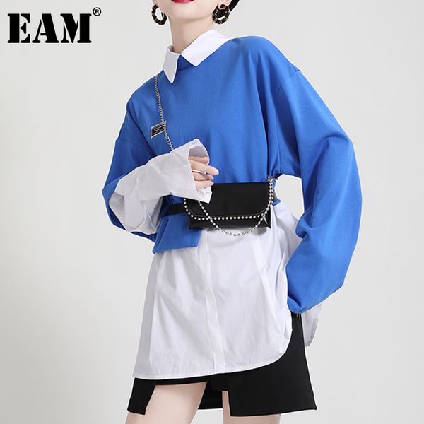 

[eam] women black blue contrast color big size casual t-shirt lapel long sleeve fashion spring autumn 1dd6656 210512, White