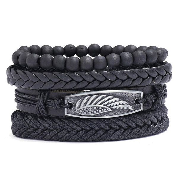 

tennis handwoven twist leather rope 4pcs set black wristbands male female bracelets bangles trendy jewelry vintage accessories, Golden;silver