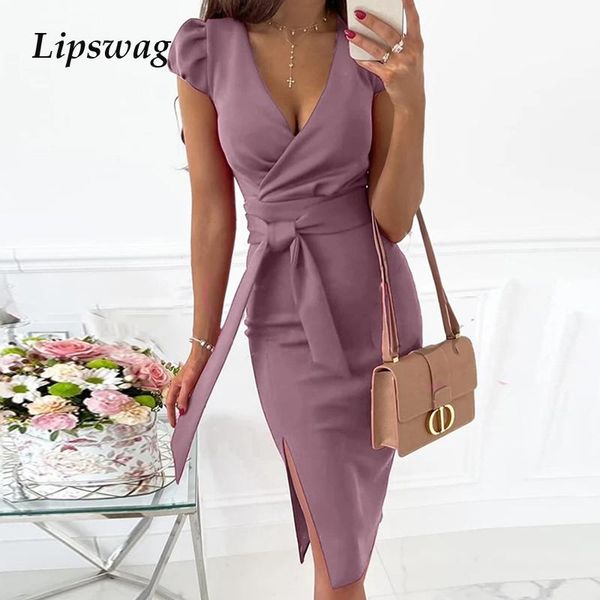 

casual dresses deep v neck slim fit bodycon dress women elegant butterfly sleeve office lady spring summer solid party belt, Black;gray
