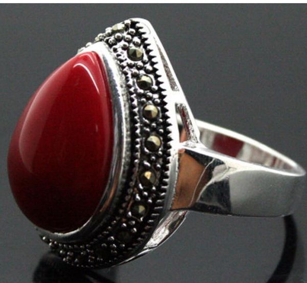 

cluster rings 25*20mm rare jewelry drop red coral 925 silver ring size 7/8/9/10, Golden;silver