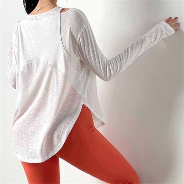 

thin fake two sports female fitness shirt gym long sleeve breathable yoga loose quick dry running workout t outfits, White;red