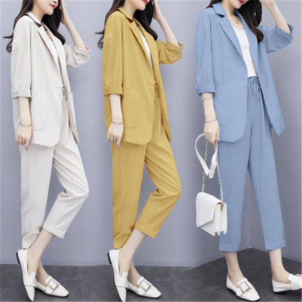 

suit two-piece women 2021 summer thin section fashion loose fit casual cotton linen temperament tide 053 women's suits & blazers, White;black